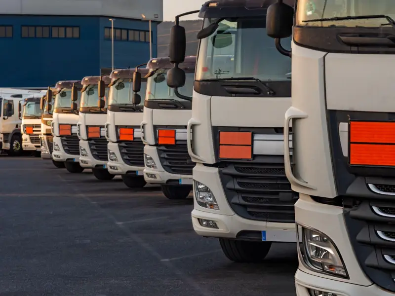 Fleet of transport trucks lined up at a depot